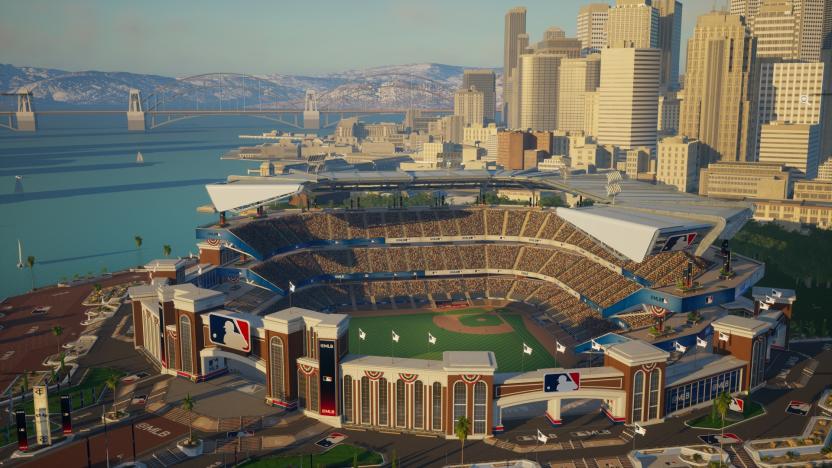 Birds-eye view of a (virtual) baseball stadium overlooking a body of water in a major city.