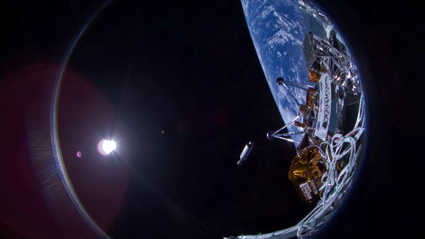 A fisheye view showing part of the NOVA-C lander with a portion of Earth in the background along with a Falcon 9 upper stage falling away