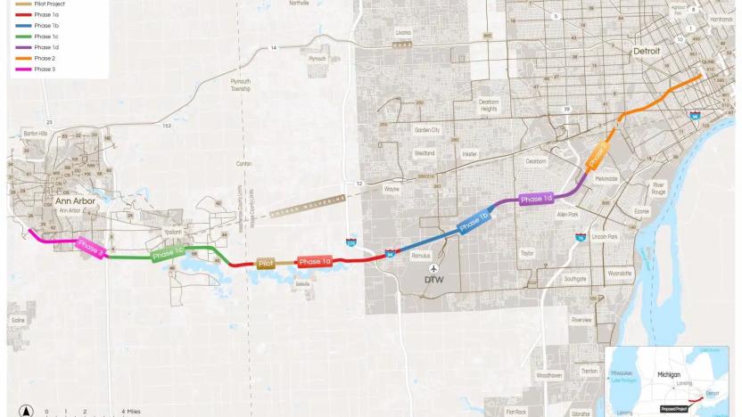 Canvue, an Alphabet based start up, provides a map of the proposed smart highway it plans to build between Ann Arbor and Detroit, Michigan. 