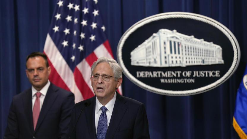 WASHINGTON, DC - SEPTEMBER 24: U.S. Attorney General Merrick Garland, joined by Principal Deputy Associate Attorney General Benjamin Mizer, announces that the Department of Justice (DOJ) is suing Visa for monopolizing debit card markets during a press conference at the Department of Justice on September 24, 2024 in Washington, DC. The DOJ has filed a lawsuit against Visa alleging that they maintain a monopoly over debit network markets and prevent competitors from developing new alternatives. (Photo by Kent Nishimura/Getty Images)