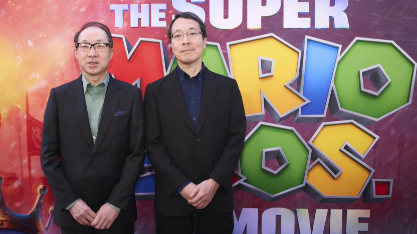 Takumi Kawagoe, left, and Kaji Kondo arrive at the premiere of "The Super Mario Bros. Movie," Saturday, April 1, 2023, at Regal LA Live in Los Angeles. (Photo by Allison Dinner/Invision/AP)