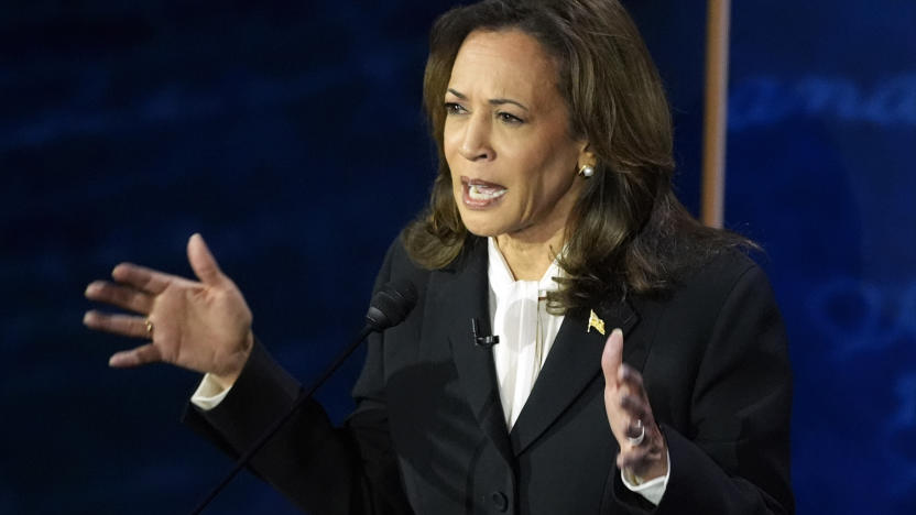 Democratic presidential nominee Vice President Kamala Harris speaks during a presidential debate with Republican presidential nominee former President Donald Trump at the National Constitution Center, Tuesday, Sept.10, 2024, in Philadelphia. (AP Photo/Alex Brandon)