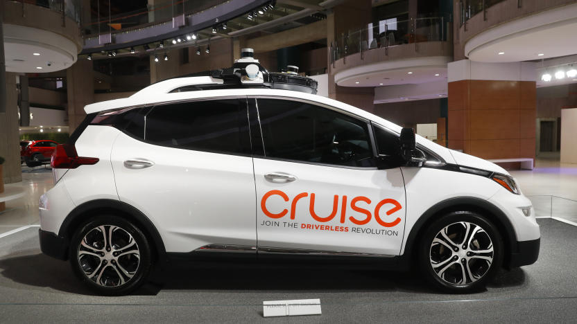 FILE - Cruise AV, General Motor's autonomous electric Bolt EV is displayed in Detroit on Jan. 16, 2019. U.S. regulators are investigating General Motors' Cruise autonomous vehicle division after receiving reports of incidents where vehicles may not have used proper caution around pedestrians in roadways. (AP Photo/Paul Sancya, File)