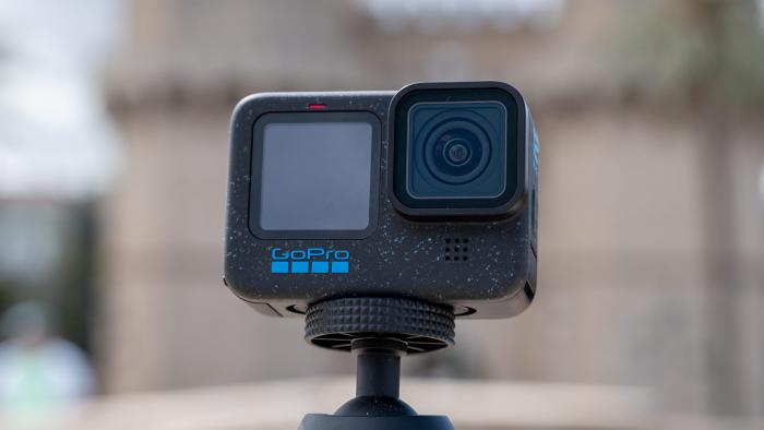 The new GoPro Hero 12 Black mounted on a regular tripod.