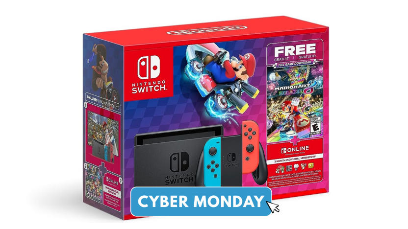 Nintendo Switch bundle packaging against a white background with a Cyber Monday badge. 