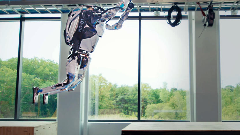 Boston Dynamics Atlas robot performing a parkour leap