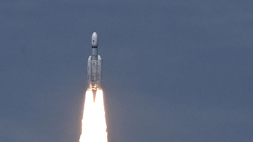 An Indian Space Research Organisation (ISRO) rocket carrying the Chandrayaan-3 spacecraft lifts off from the Satish Dhawan Space Centre in Sriharikota, an island off the coast of southern Andhra Pradesh state on July 14, 2023. India launched a rocket on July 14 carrying an unmanned spacecraft to land on the Moon, its second attempt to do so as its cut-price space programme seeks to reach new heights. (Photo by R. Satish BABU / AFP) (Photo by R. SATISH BABU/AFP via Getty Images)