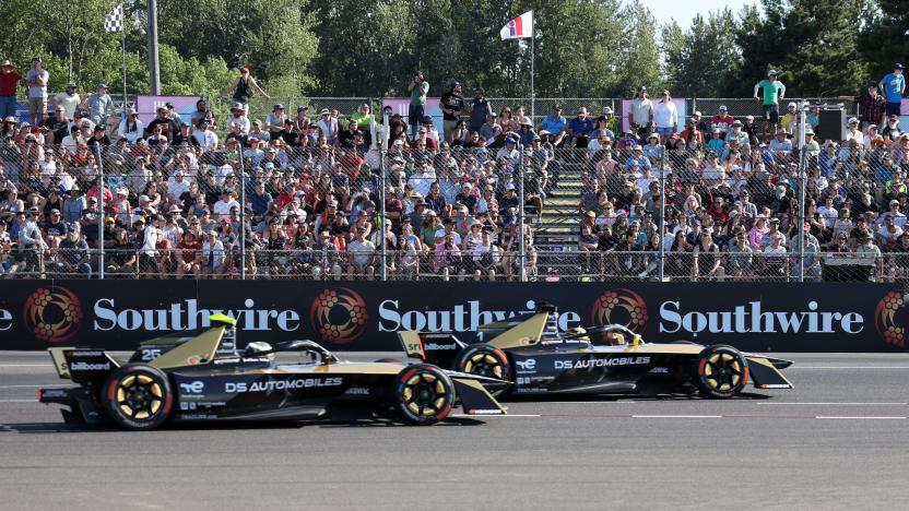 Jun 24, 2023; Portland, Oregon, USA; DS Penske drivers Stoffel Vandoorne (1) and-Eric Vergne (25) race during the 2023 Portland E-Prix at Portland International Raceway. Mandatory Credit: Al Sermeno-USA TODAY Sports