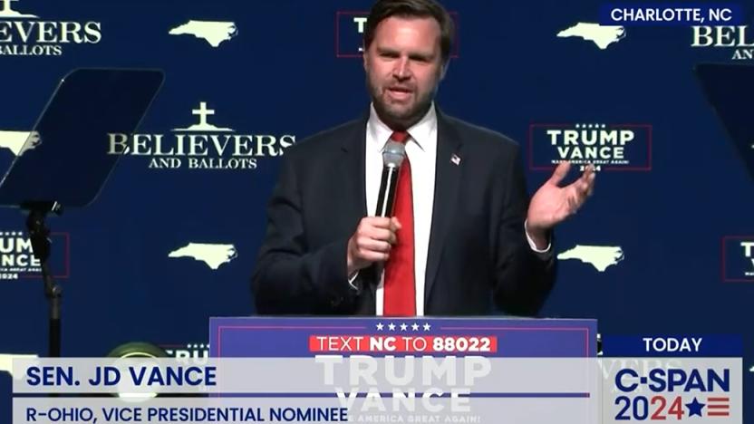 Republican vice presidential candidate JD Vance speaks at the Believers and Ballots rally in Charlotte, North Carolina. 