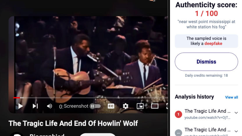 Screenshot of a YouTube page about the blues artist Howlin' Wolf with the Hiya Deepfake Detection extension open in a sidebar to the right. It lists the narration as likely a deepfake with an authenticity score of 1/100.