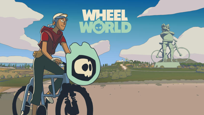 Title image for the upcoming game Wheel World. Cel-shaded art. A young adult sits on a bicycle with a skull icon hovering in front of its handlebars.