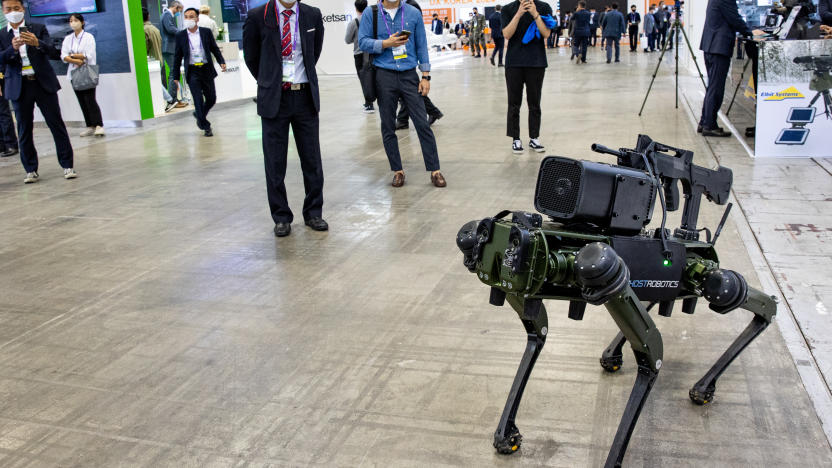 The Ghost Robotics Vision 60 exhibited during the Defense Expo Korea 2022, the biggest military weapon exhibition in the country, held at KINTEX (Korea International Exhibition and Convention Center) on September 21, 2022 in Goyang city, Gyeonggi, South Korea. The exhibition has been held every two years since 2014. This year, 350 companies are participating in the expo, an increase from 210 in 2020. This year, major military officers including defense ministers from 43 countries including Saudi Arabia, the United Arab Emirates, Slovakia and Romania are visiting. (Photo by Chris Jung/NurPhoto via Getty Images)