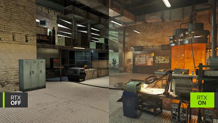 A 'Half-Life 2 RTX' comparison screenshot showing two qualities of resolution and rendering of a large warehouse-style office space.