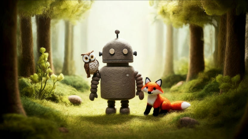 A cute fuzzy robot with owl and fox (AI-generated with Google's Imagen 2).