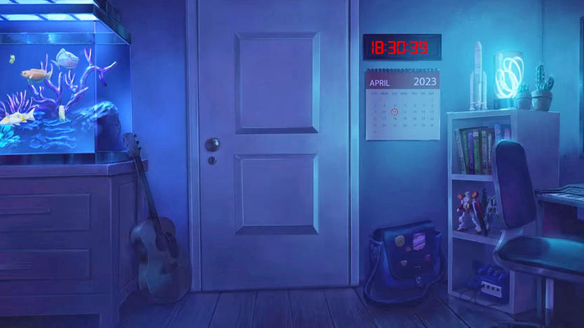 Screenshot of the mysterious blue Lofi Girl room from YouTube showing the interior with a closed door, a fish tank and a digital countdown clock on the wall.