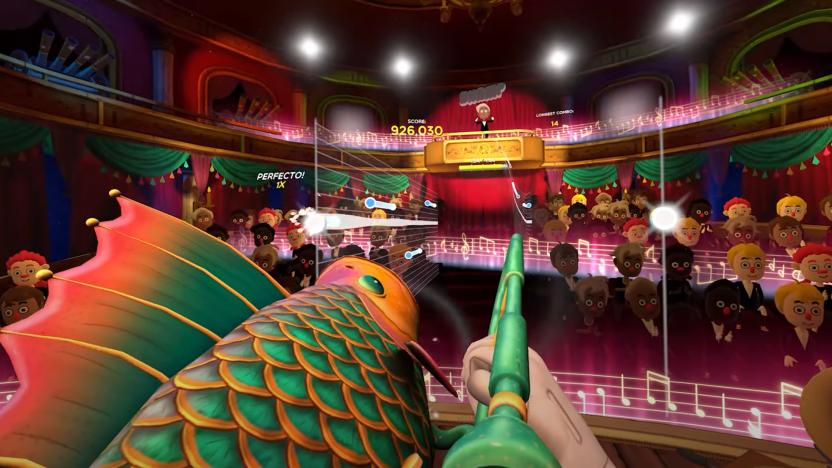 A trombone with a fish attached is played from a first-person perspective on stage in front of a virtual audience.