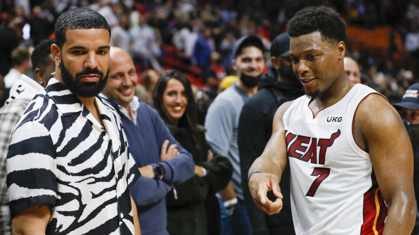 Jan 14, 2022; Miami, Florida, USA; Miami Heat guard Kyle Lowry (7) and Canadian rapper Drake talk after the game against the Atlanta Hawks at FTX Arena. Mandatory Credit: Sam Navarro-USA TODAY Sports