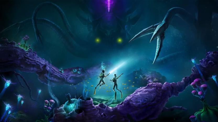 Two divers light up the depths with their torches. A giant creature is in the background, with an open tentacle primed to attack the divers.