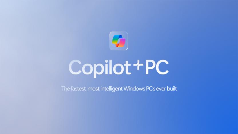 A Microsoft image advertising its new Copilot+ AI PCs. Text on blue gradient background with Copilot logo.