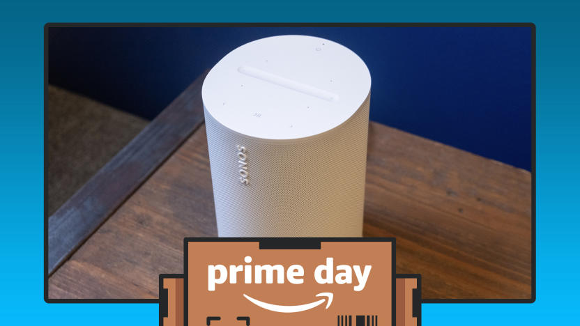 The Sonos Era 100 speaker on a table. Prime Day border and logo.