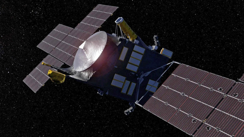 A rendering of NASA's Psyche spacecraft in space.