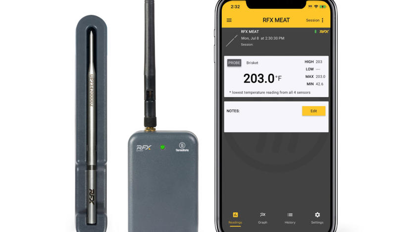 ThermoWorks RFX Meat uses radio waves to send temperature stats to a cloud connected device and your phone. 