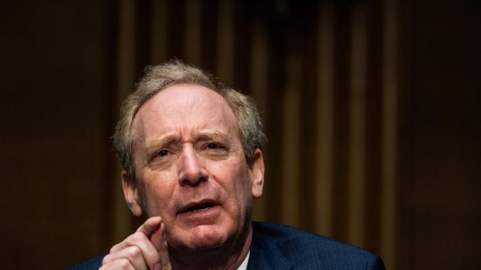 Microsoft President Brad Smith speaks during the Senate Intelligence Committee hearing on Capitol Hill in Washington, U.S., February 23, 2021. Demetrius Freeman/Pool via REUTERS