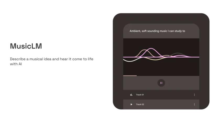 A screenshot of Google's MusicLM text-to-music AI system. Text reads "MusicLM. Describe a musical idea and hear it come to life with AI."