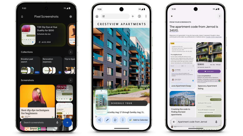 Three phones laid out side-by-side, each showing a different page of the Screenshots app on its screen. The leftmost one shows the Pixel Screenshots app home page in dark mode, the middle shows a screenshot of a website after it's captured and the right shows some screenshots in the new app and the words "The apartment code from Jerrod is 34510"at the top.