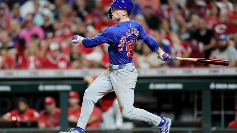 CINCINNATI, OHIO - JULY 31: Pete Crow-Armstrong #52 of the Chicago Cubs hits a two RBI double in the 7th inning against the Cincinnati Reds at Great American Ball Park on July 31, 2024 in Cincinnati, Ohio. (Photo by Andy Lyons/Getty Images)