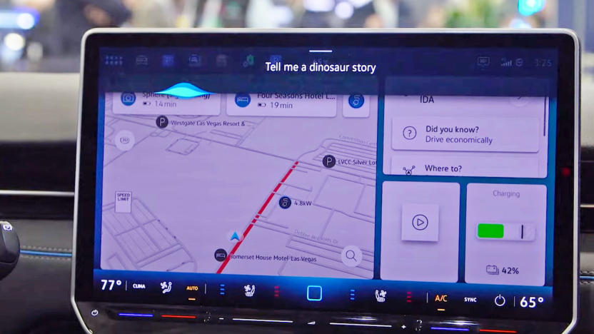 A Volkswagen in-dash tablet display shows an example of the ChatGPT integration announced at CES 2024.