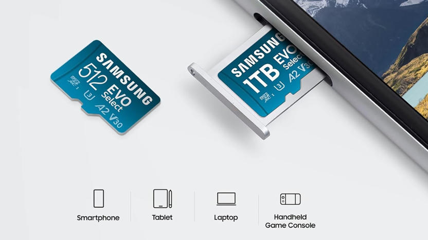 Marketing image for the Samsung EVO Select microSD card. A 512GB card lies on a surface, while a 1TB one next to it is partially slid into a mobile device.