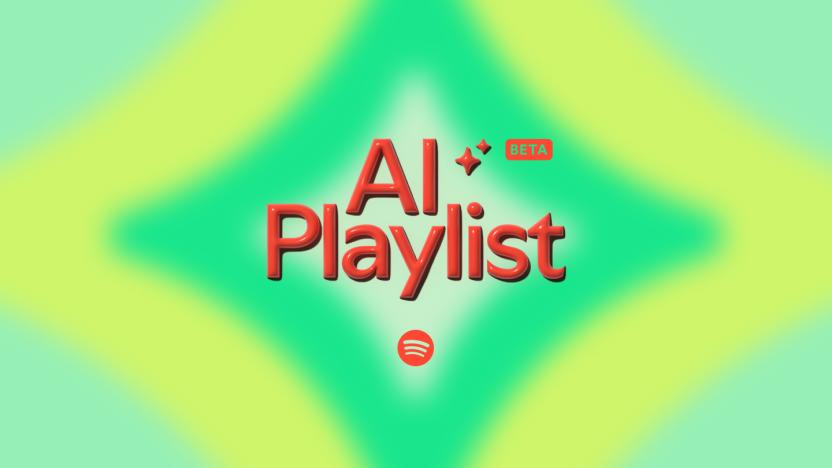 The text "Spotify AI Playlist" (beta) on green and yellow kaleidoscopic background.