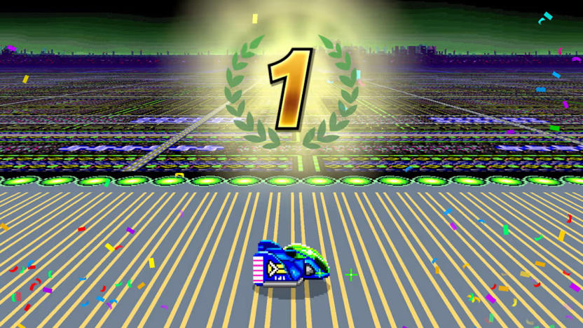 Gameplay screenshot from F-Zero 99 for Nintendo Switch Online. A side view of a blue racing car on a 16-bit sci-fi track. A number one floats above, indicating the racer finished in first place.