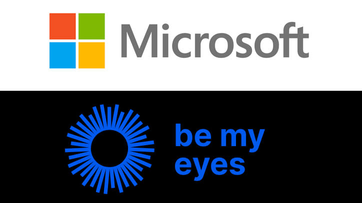 Logos for Microsoft (top) and Be My Eyes.